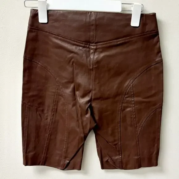 Retrofete Amanda Leather High Rise Flat Front Biker Shorts Brown Women´s Size S Bike Shorts